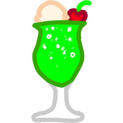 A glass of green soda. On the top is an off white ball of cream and a red cherry.